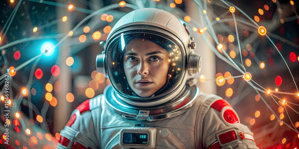 Poster soft focus astronaut floating space digital network connections bokeh stars copy space for science f