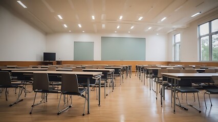 Fototapeta premium A empty classroom with wooden desks and chairs placed in rows