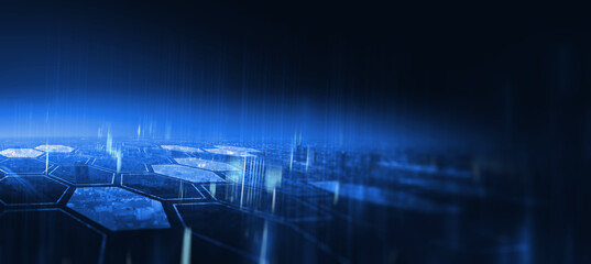 Blue business city abstract banner background, cityscape modern futuristic technology concept with graphics illustration.