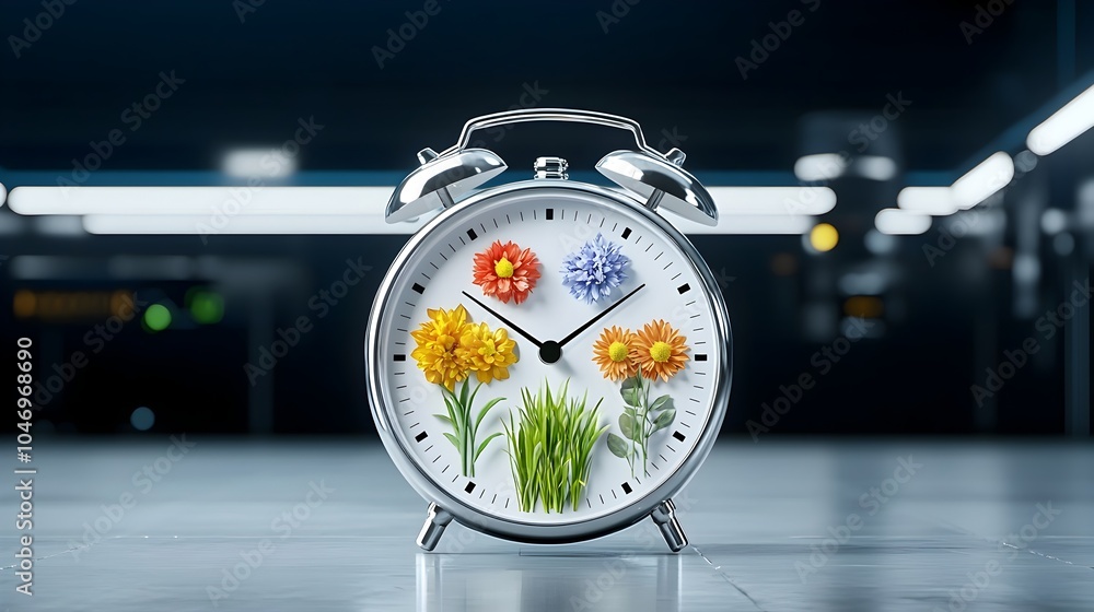 Poster clean energy symbolized by an alarm clock with flowers representing all four seasons set against a d