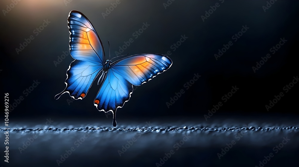 Poster captivating image of a bright fiery butterfly with mesmerizing glowing blue wings captured in dynami