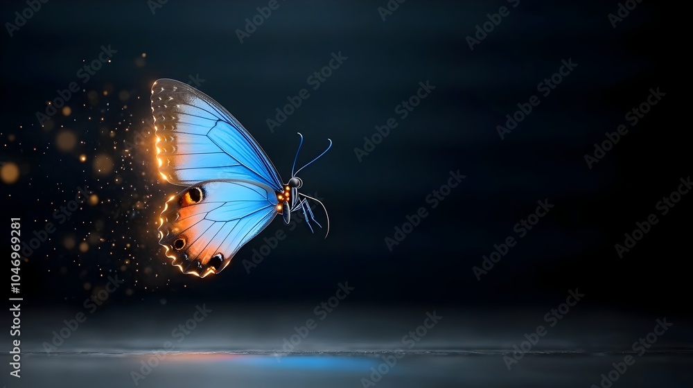 Poster captivating image of a bright fiery butterfly with glowing blue wings captured in dynamic mesmerizin