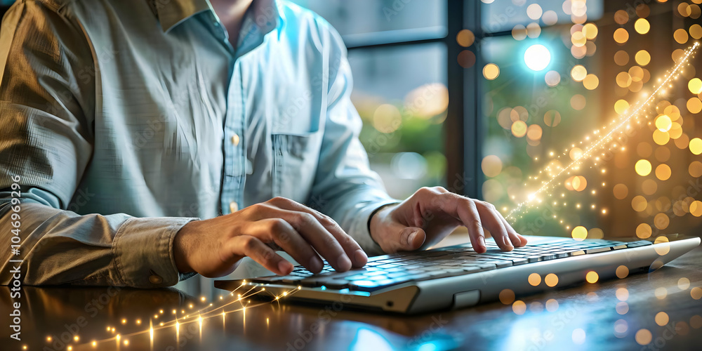 Poster soft abstract image futuristic holographic keyboard typing bokeh lights science fiction day ample co