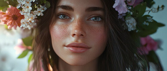 Naklejka premium Beautiful Woman with Flowers in Her Hair, Soft Lighting and Gentle Smile, Soft Lighting and Gent