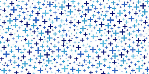 Medical seamless blue pattern with cross on white. Pharmacy repeat background