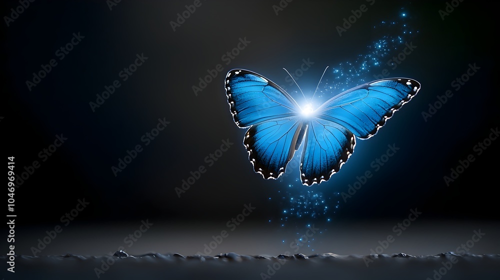 Leinwandbilder mesmerizing close up of a delicate blue glowing butterfly with ethereal shimmering wings hovering in