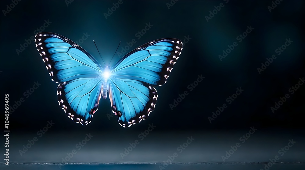 Aufkleber captivating blue glowing butterfly with delicate wings hovering in mid air against a dark backdrop r