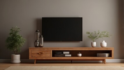 A modern wooden tv stand in the room