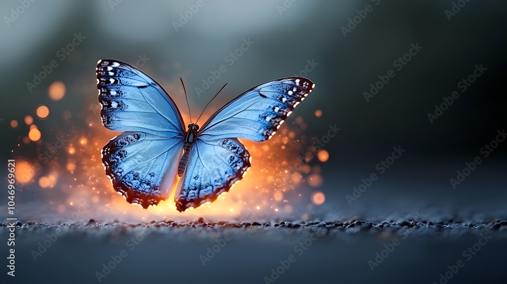 Fototapete Breathtaking image of a bright blue glowing butterfly with intricate fiery wing patterns set against a dark contrasting background that creates a mesmerizing ethereal and fantastical visual effect