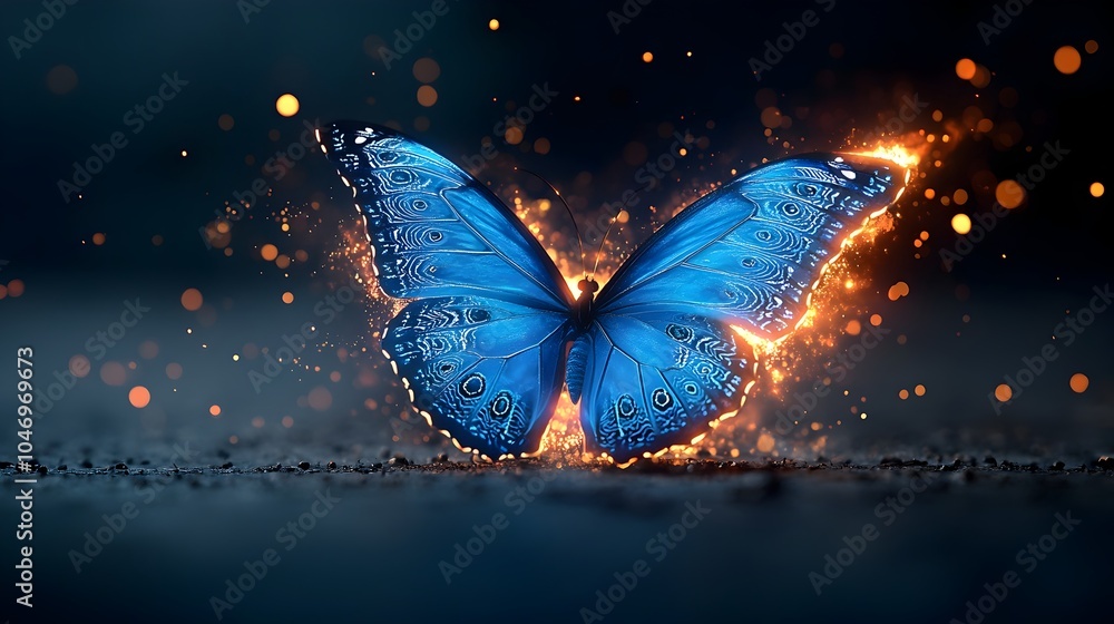 Leinwandbilder Captivating image of a bright blue glowing butterfly with intricate mesmerizing wing patterns set against a dark contrasting background with a fiery ethereal glow surrounding it