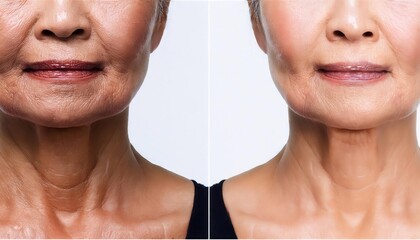 before and after comparison of mature woman's neck and lower face showing skin tightening and anti-aging results