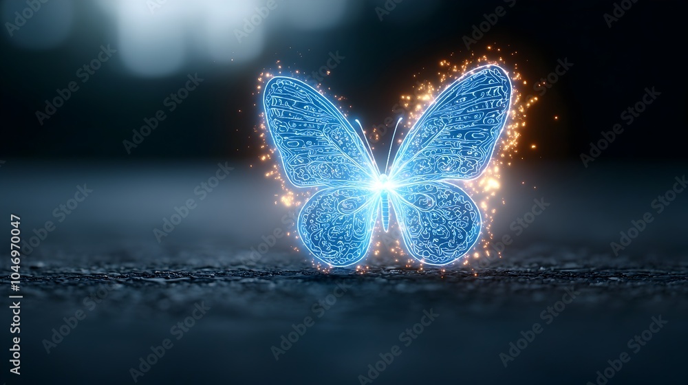 Poster Mesmerizing digital of a bright blue glowing butterfly with intricate wing patterns surrounded by a fiery glow set against a dark contrasting background