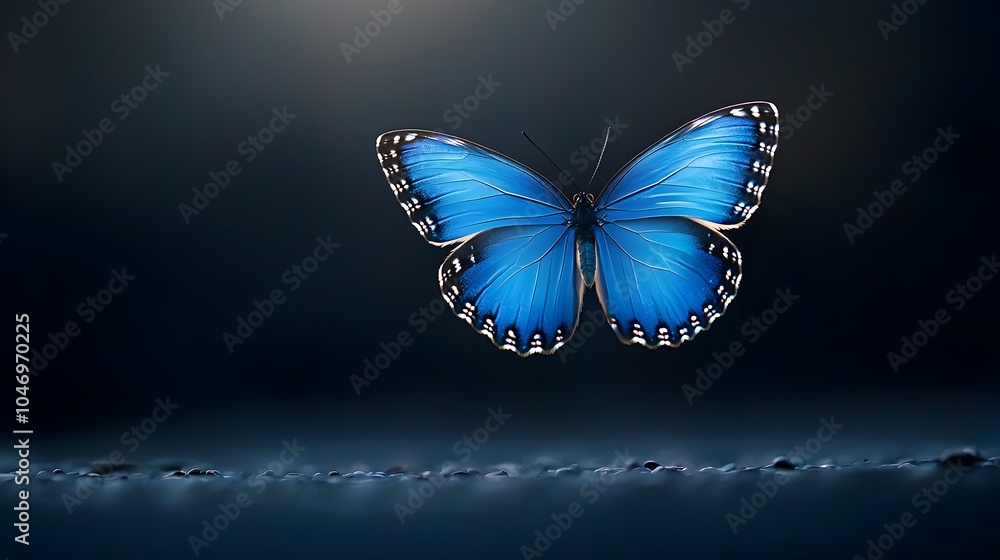 Poster mesmerizing fiery butterfly with luminous blue wings soaring through an ethereal dark background cre