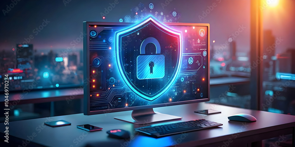 Poster business illustration secure remote work environment digital security tools protected data streams s