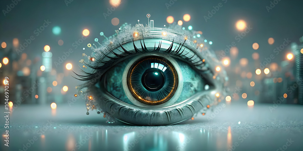 Poster soft abstract cybernetic eye digital art with data streams and bokeh lights for science fiction day 
