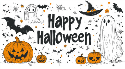 Happy Halloween card isolated on white background with a set of Halloween decoration elements. Halloween illustrations of a pumpkin, bat, ghost and a witch's hat in flat style