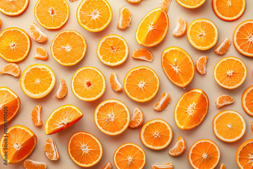Poster close up of oranges with some of them cut in half. the oranges are scattered all over the image, wit
