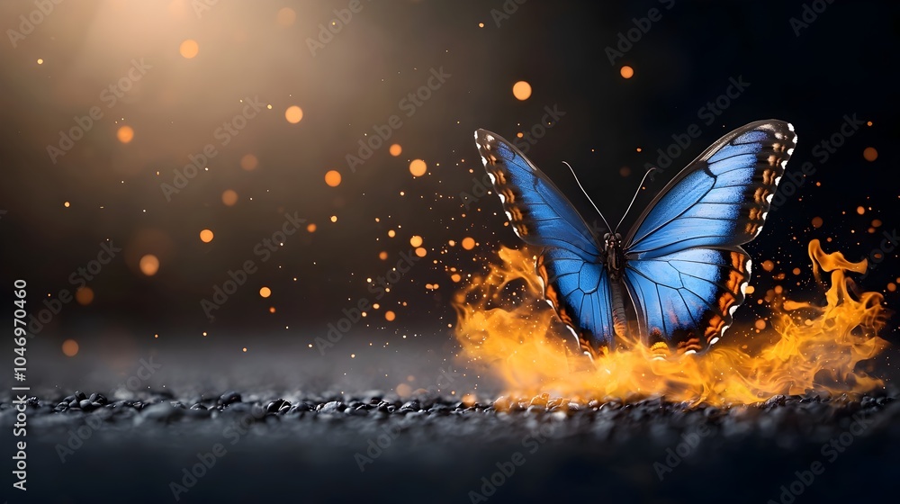 Poster captivating image of a fiery butterfly with vibrant blue glowing wings captured in dynamic motion an