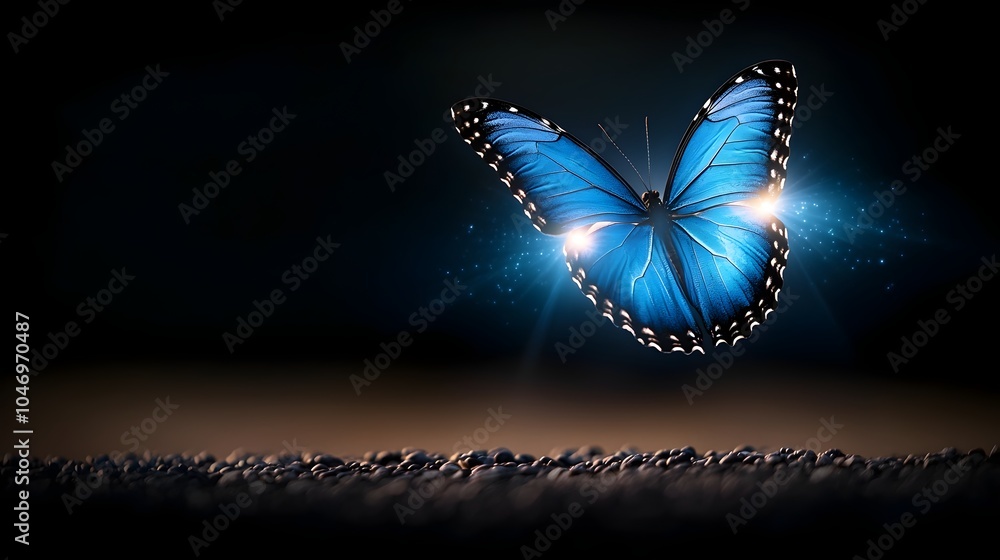 Poster enchanting close up of a vibrant blue glowing butterfly its wings radiating captivating light and en