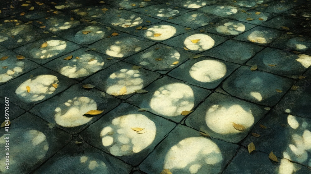 Poster a close-up view of a stone patio with fallen leaves, dappled sunlight creating round shapes.