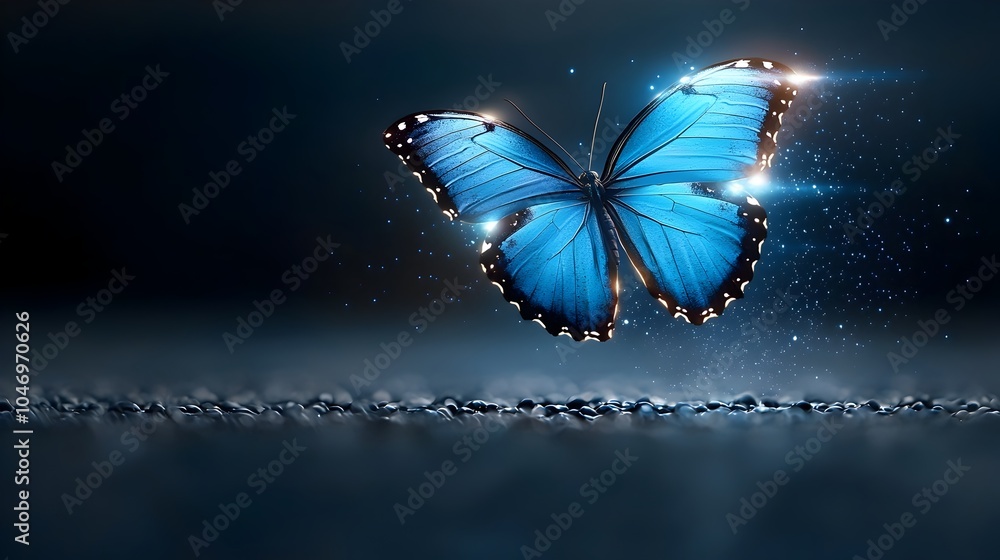 Poster vibrant close up of a glowing blue butterfly its wings radiating captivating light and energy hoveri