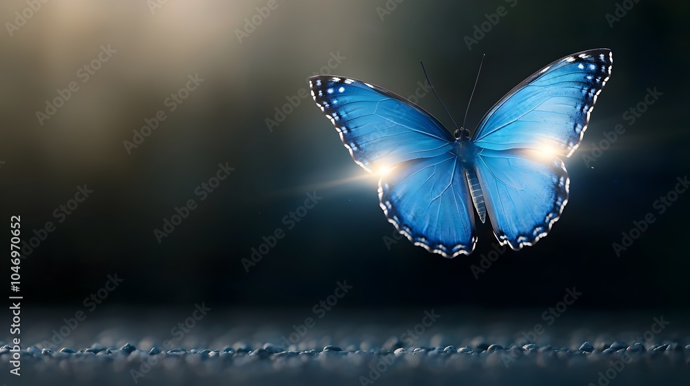 Poster mesmerizing close up of a vibrant blue glowing butterfly with its wings radiating intense light and 