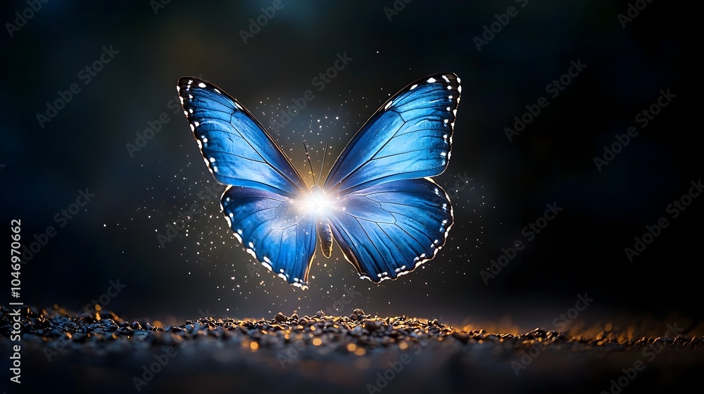 Poster captivating close up of a vibrant blue glowing butterfly with wings radiating mesmerizing light and 