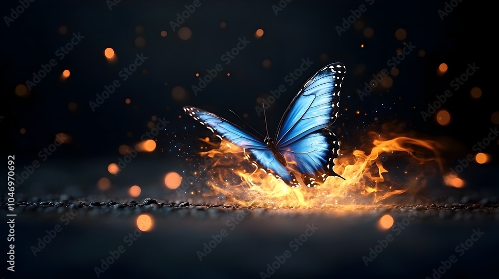 Fototapete captivating image of a fiery butterfly with striking blue glowing wings captured in a state of dynam
