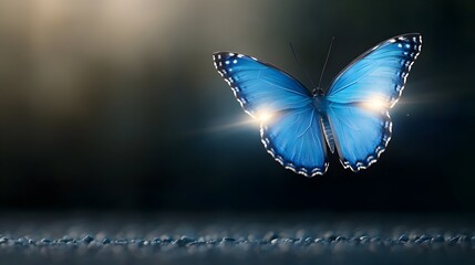 Mesmerizing close up of a vibrant blue glowing butterfly with its wings radiating intense light and energy gracefully hovering in the air against a dark and magical background