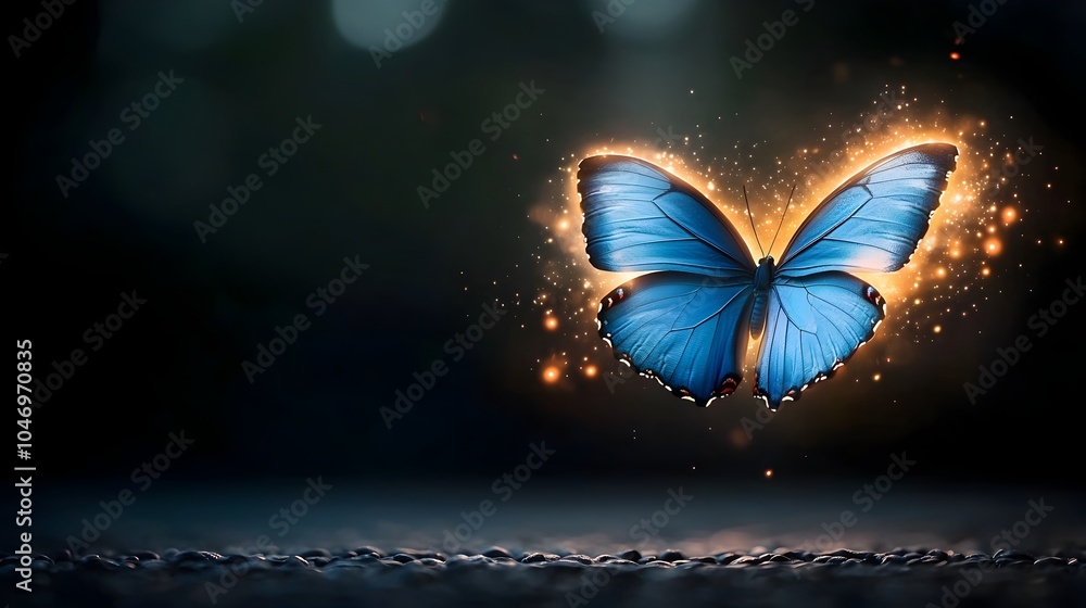 Poster ethereal blue butterfly with glowing wings floating in fiery aura against a dark backdrop surrounded
