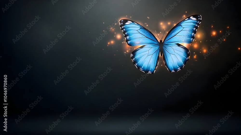 Poster captivating blue air butterfly with glowing shimmering wings floating delicately in a fiery ethereal