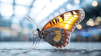 Captivating close up of a radiant multicolored butterfly with intricate Thai inspired pattern designs on its wings glowing and shimmering in a futuristic sci fi esque digital environment