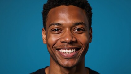 Obraz premium Close-up portrait of an elated African American male model with brown hair against a blurred deep sky blue background with ample copy space