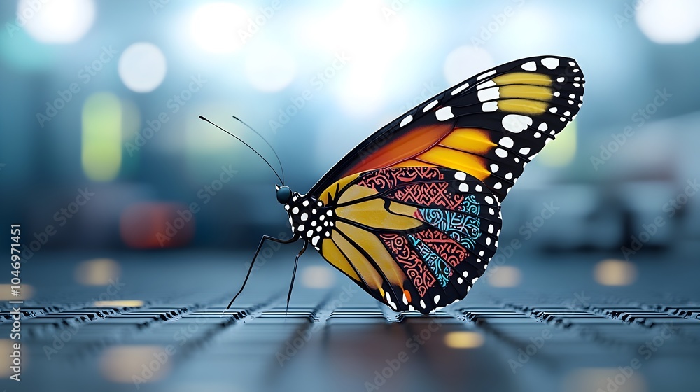 Poster captivating close up of a vibrant multicolored butterfly with elegant thai inspired patterns on its 