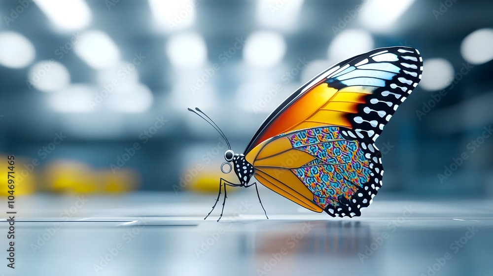 Poster Vibrant multicolored butterfly with elegant Thai inspired patterns on its wings captured in a close up shot against a futuristic abstract backdrop in shades of blue purple and green