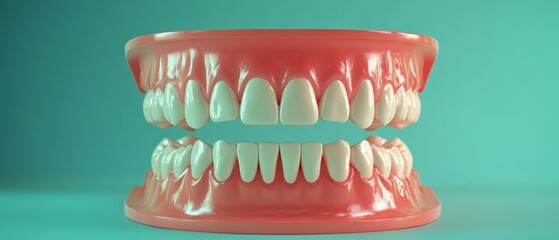 Obraz premium A detailed model of dental implants showcases realistic teeth structures set against a teal background, illustrating dental health education