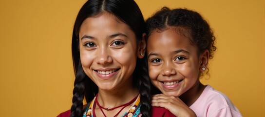 Obraz premium A Native American teenager poses alongside an adorable smiling African-American girl against a neutral backdrop