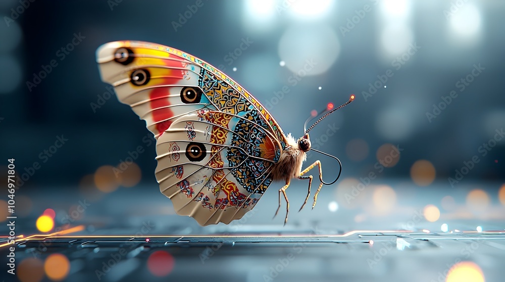 Leinwandbilder mesmerizing multicolored butterfly glowing in a futuristic sci fi landscape intricate thai inspired 