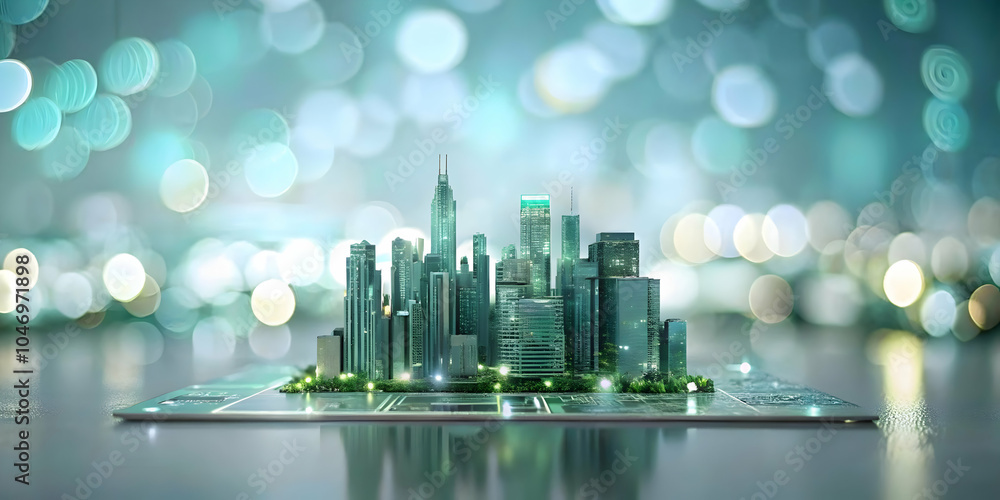 Poster soft abstract digital art city skyline circuit board pattern bokeh lights science fiction day concep
