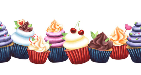 Cakes, cupcakes with meringue, marshmallow. Seamless pattern, border. Watercolor illustration hand-drawn on a white background. For design, decor, postcards, printing