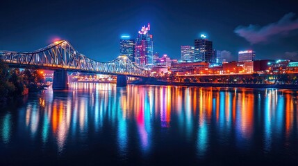 Obraz premium Nighttime Cityscape with Illuminated Bridge and Water