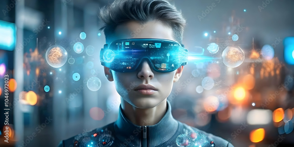 Poster soft focus person augmented reality glasses holographic data bokeh background copy space futuristic 
