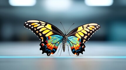 Obraz premium Breathtaking close up of a large butterfly with vibrant colorful Thai inspired wing patterns illuminated by a mesmerizing futuristic glow in a conceptual sci fi setting