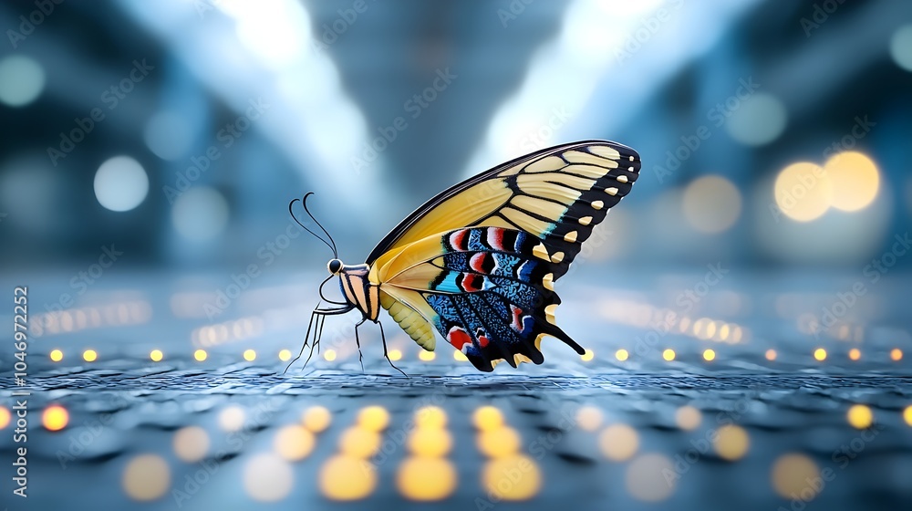 Leinwandbilder Mesmerizing multicolored butterfly with stunning Thai inspired patterns on its wings captured in a close up view against a futuristic sci fi environment filled with glowing light