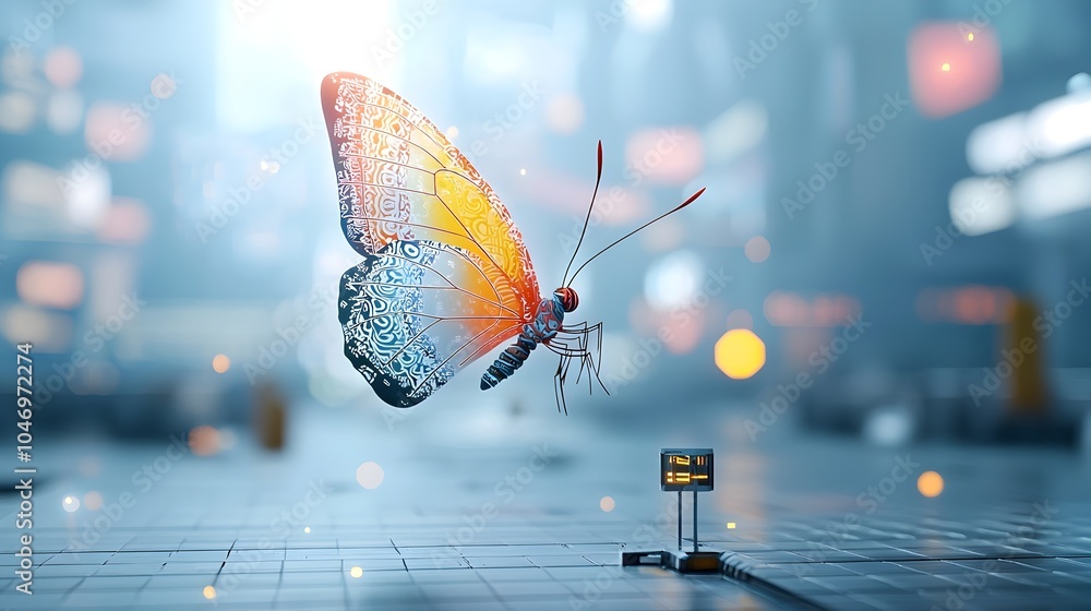 Poster Ethereal sci fi butterfly with multicolored wings adorned with delicate Thai patterns elegantly floating in a captivating glowing futuristic environment