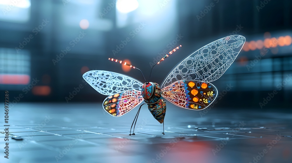 Poster captivating sci fi themed butterfly with multicolored wings adorned with delicate thai inspired patt