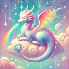 Obraz premium Pastel Dragon with a Glowing Rainbow Tail, Generative Ai