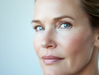 Naklejka premium Close-up portrait of a confident woman with striking blue eyes and a natural look, showcasing beauty and self-assurance.