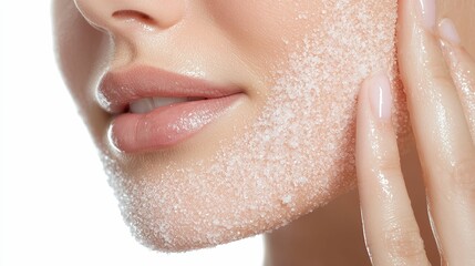 Close-up of a woman applying facial scrub for skincare, highlighting smooth lips and exfoliating texture on her skin.
