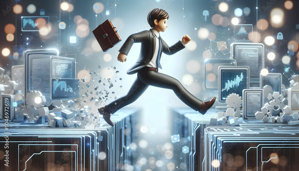 Poster 3d businessman jumping digital gap overcoming tech obstacles in canada - dynamic code circuits visua